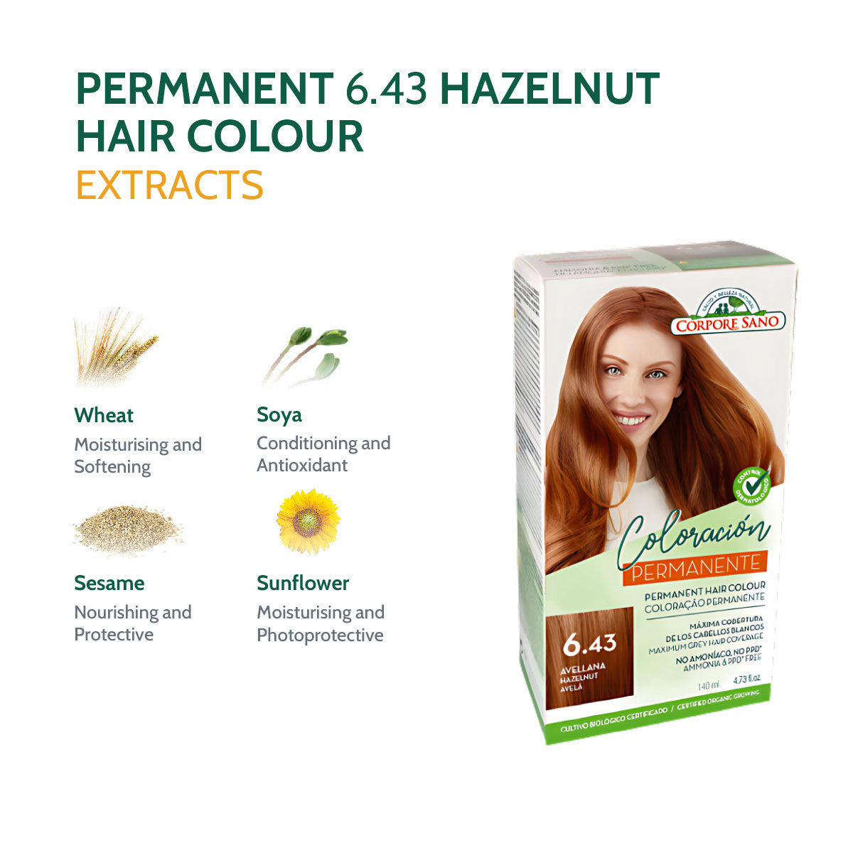 Corpore Sano Permanent Hair Colour 6.43 - Hazelnut 140ml (Exp. Feb 2026)